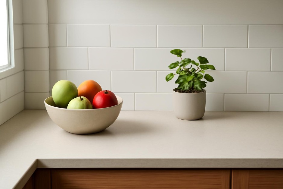 A simple, clear kitchen counter with a bowl of fruit and a small plant