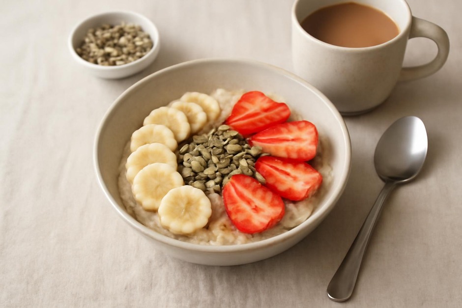A simple breakfast bowl with grains, fruit, and seeds on a table
